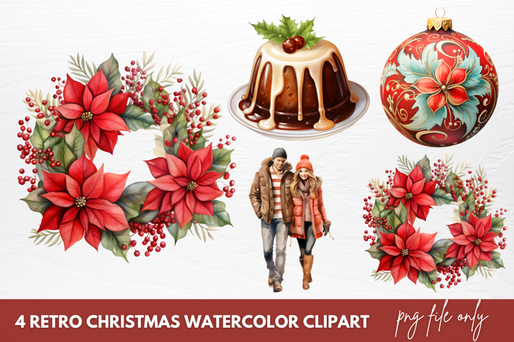 Retro Christmas Watercolor Sublimation Clipart