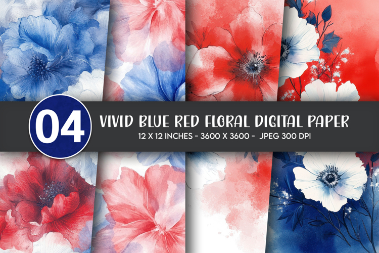 Vivid Blue Red Floral Digital Paper