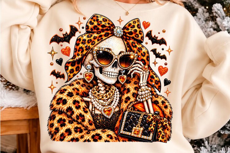 Spooky Glam Leopard Skeleton Halloween PNG example image 1