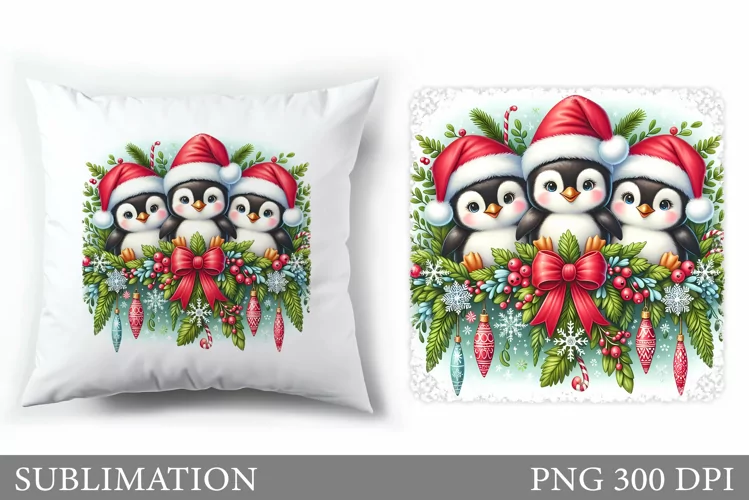 Cute Penguin Pillow Design. Christmas Pillow Sublimation