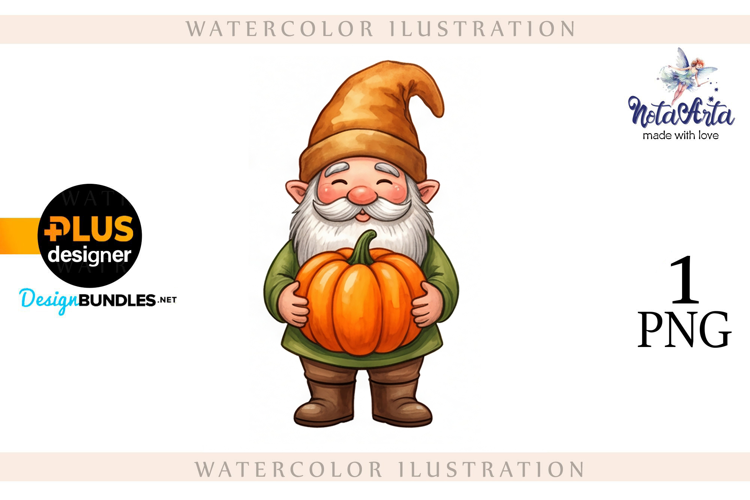 Gnomes with Pumpkin Harvest in Watercolor Style
