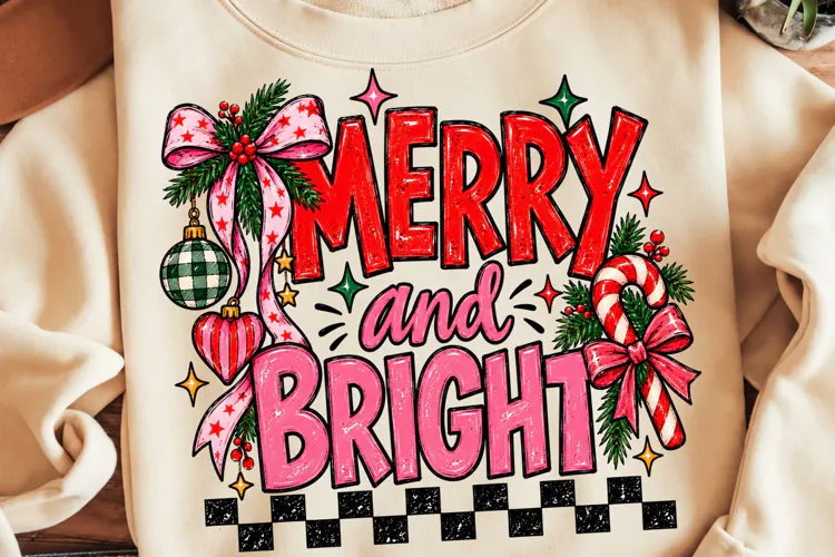 Preppy Pink Merry And Bright PNG, Funny Christmas PNG