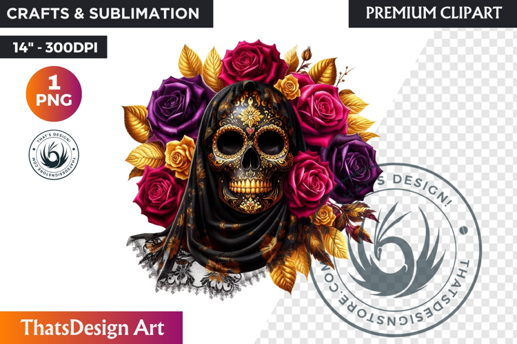 Floral Black Gold Sugar Skull Day of the Dead Clipart PNG