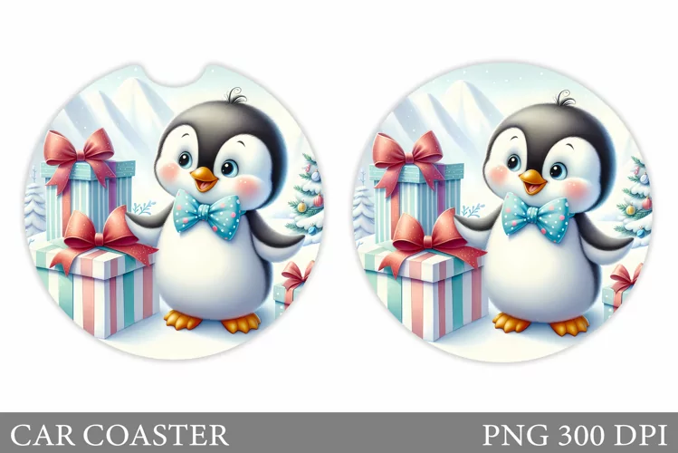 Cute Penguin Car Coaster. Christmas Car Coaster Design