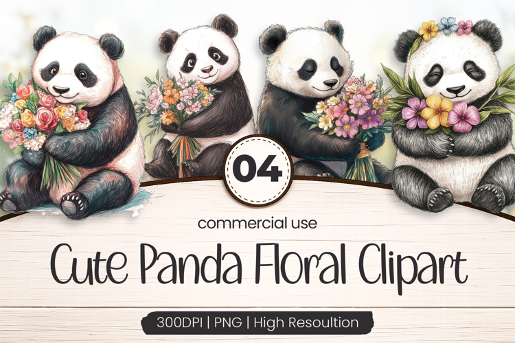 Cute Panda Floral Clipart PNG