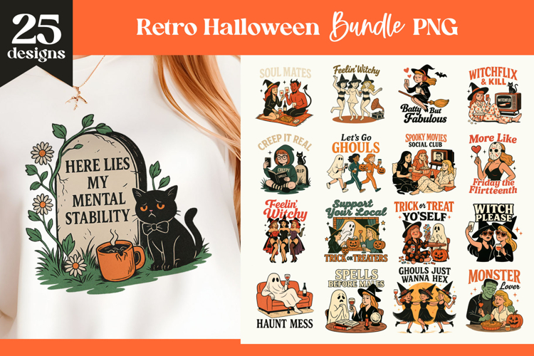 25 Retro Halloween Illustrations | Witchy PNG Clipart Bundle