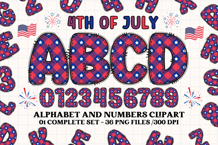 4th July Alphabet png clipart, independence letters doodle