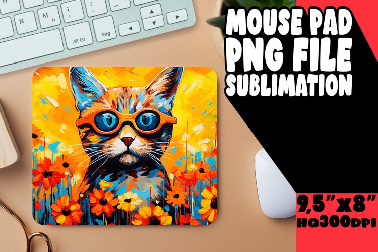 Vibrant Cat and Flowers Mouse Pad Design PNG