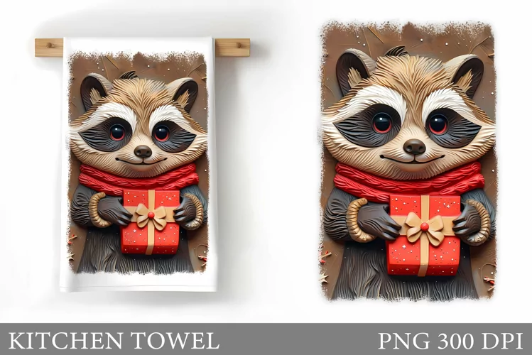 3D Raccoon Kitchen Towel. Christmas Raccoon Kitchen Towel