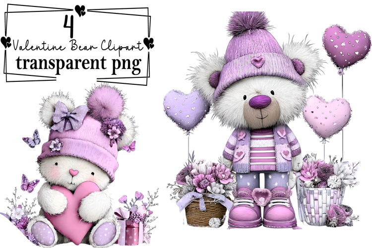 Whimsical Valentine Teddy Bear Clipart Watercolor PNG example image 1