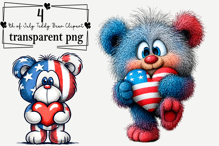 4th of July Teddy Bear Clipart Watercolor PNG