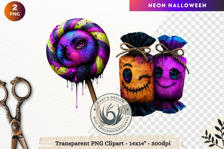 Neon Halloween Character Clipart Spooky Kawaii treats PNG