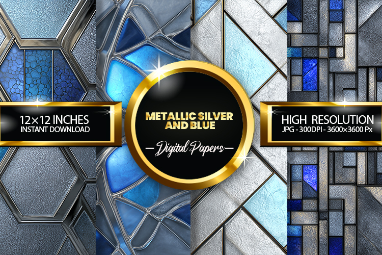 metallic silver and blue Digital Papers - 04 variations