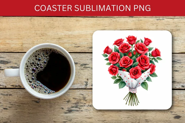 valentine square coaster - red roses bouquet