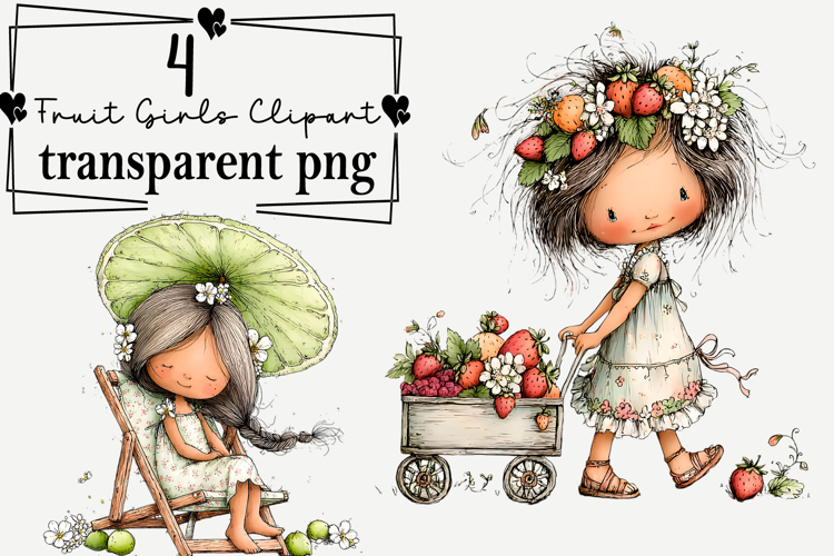Whimsical Fruit Girls Clipart Watercolor PNG example image 1