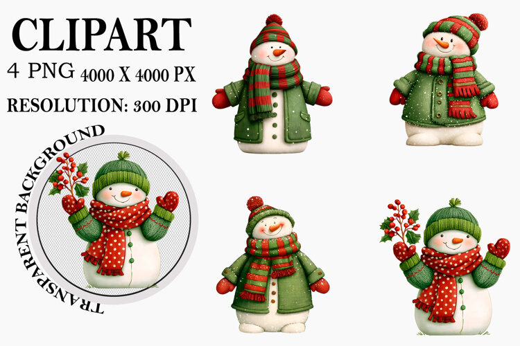 Whimsical Christmas Snowman Clipart Watercolor PNG example image 1