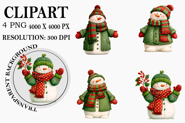 Whimsical Christmas Snowman Clipart Watercolor PNG