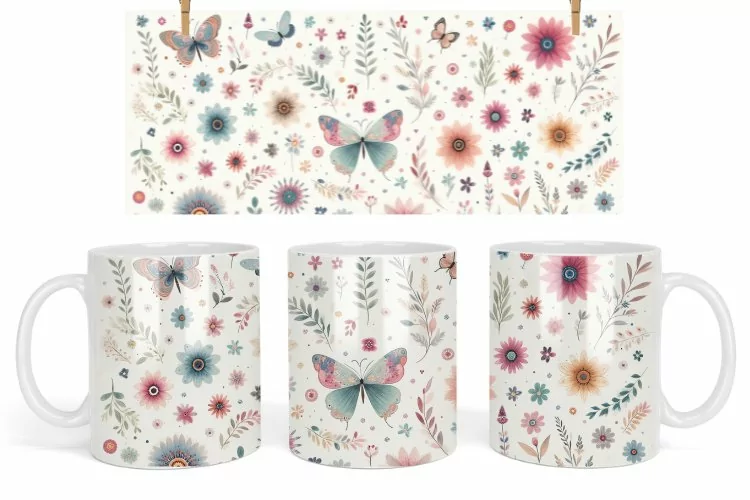 Boho Flowers mug design, Watercolor Butterflies Floral Mug