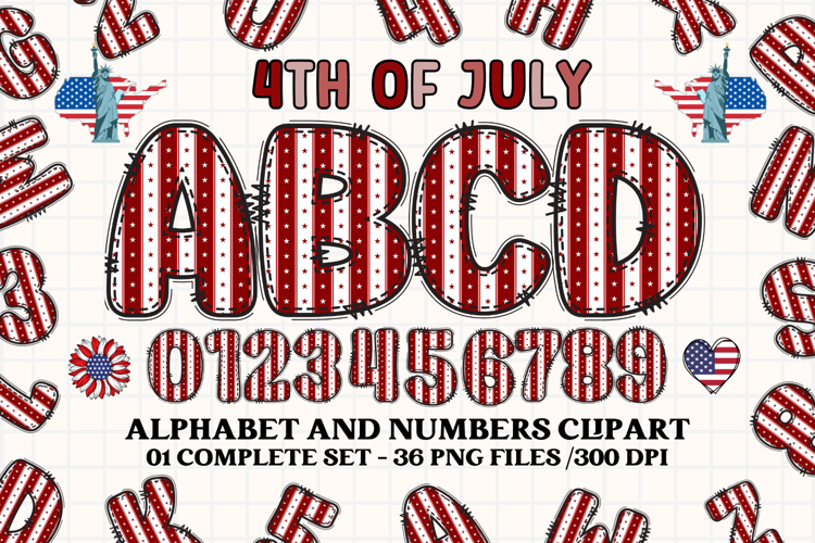 4th July Alphabet png clipart, independence letters doodle