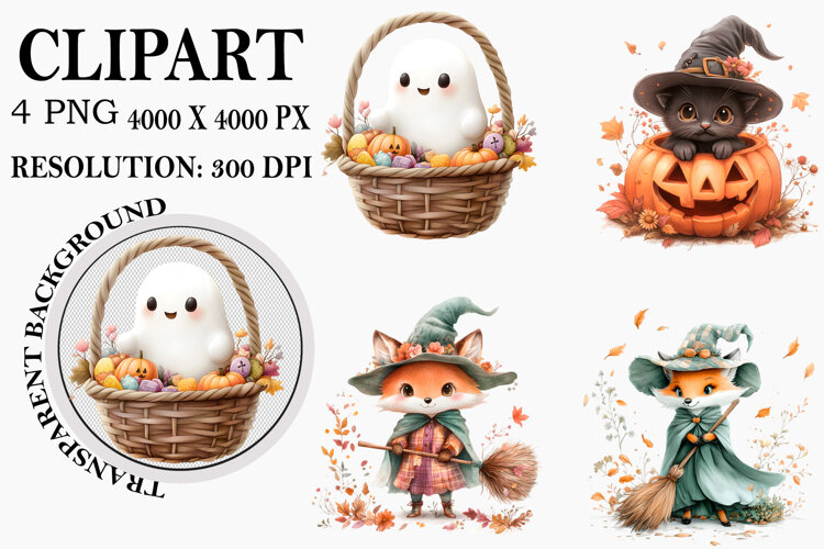 Whimsical Halloween Ghost Clipart Watercolor PNG example image 1