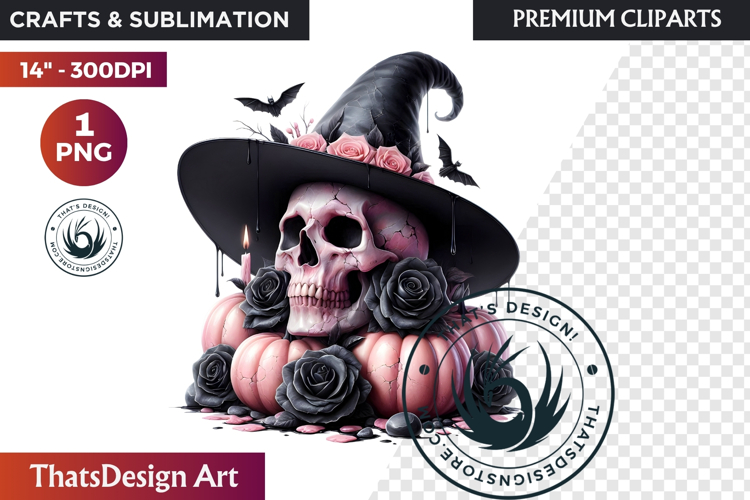 Pink and Black Gothic Halloween Skulls Clipart, pastel goth