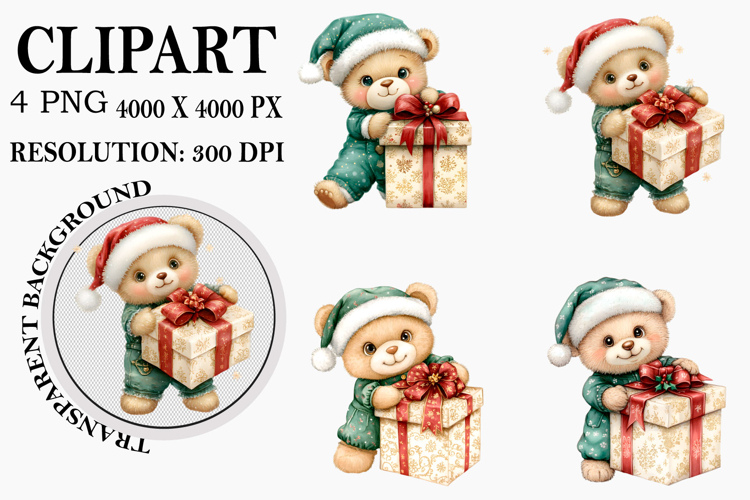 Christmas Teddy Bear Clipart Watercolor PNG