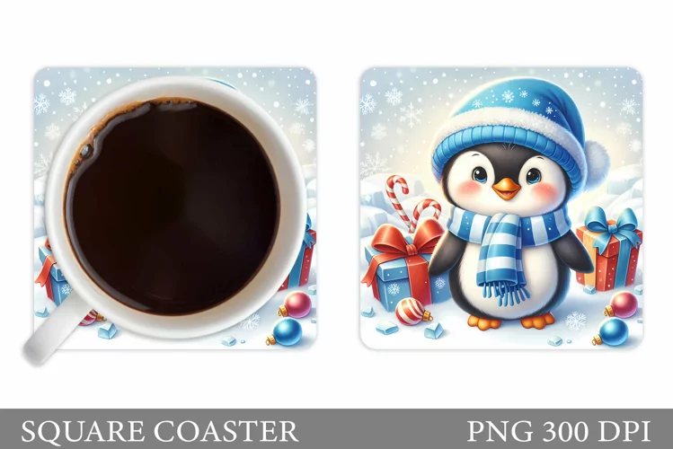 Cute Penguin Coaster Design. Christmas Coaster Sublimation