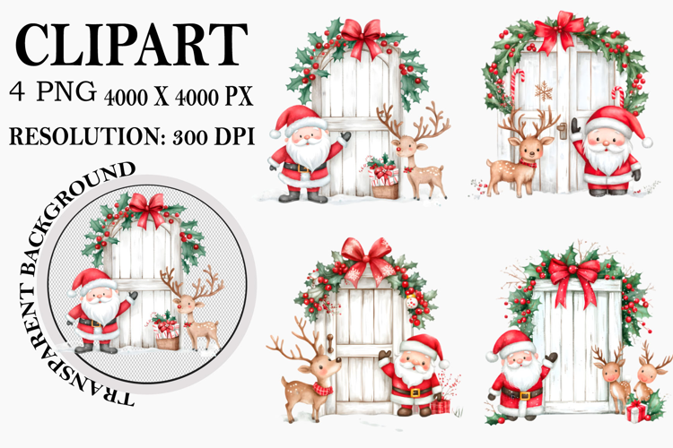 Watercolor Peeking Santa Reindeer Christmas Clipart