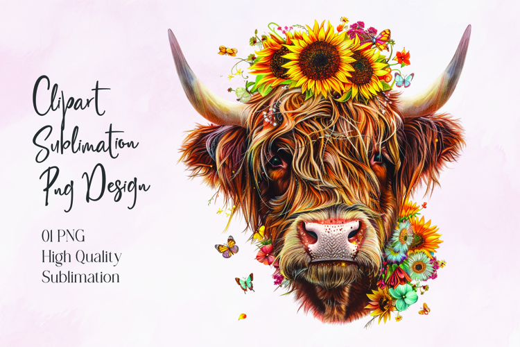 Highland Cow Sunflower Floral Sublimation PNG
