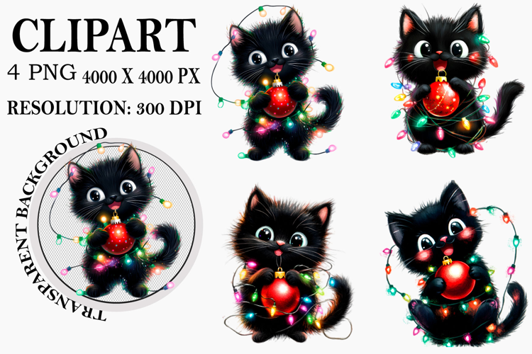 Whimsical Funny Christmas Cat Clipart Watercolor PNG