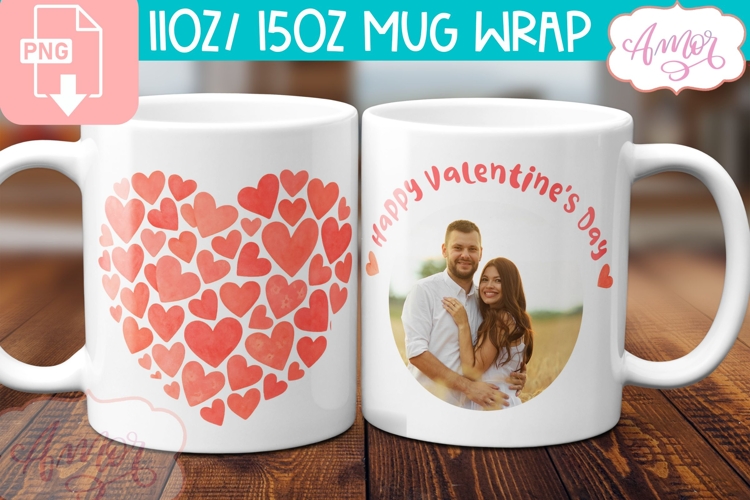 Valentines Photo Mug Wrap template, Watercolor heart PNG