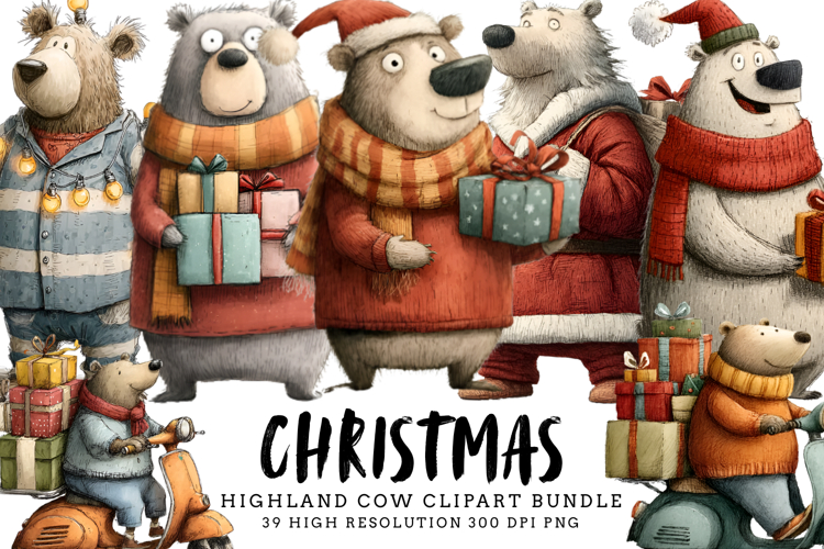Christmas Highland Cow Clipart Bundle | Cute Holiday Cow PNG