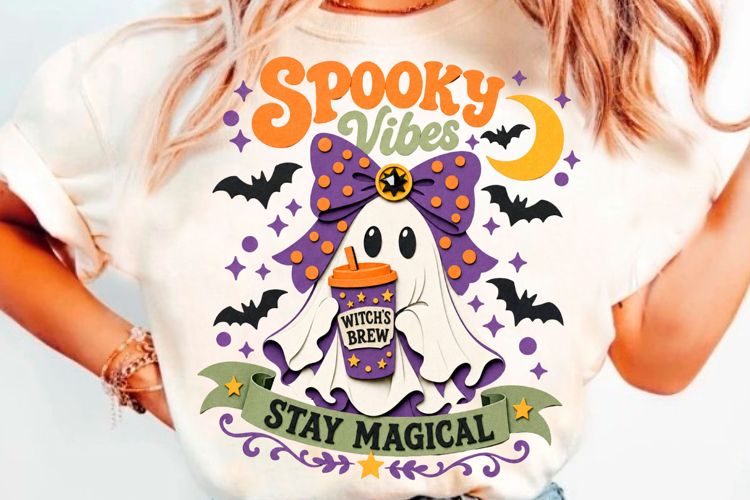 Spooky Vibes Halloween T-Shirt Design With Cute Ghost, Witch
