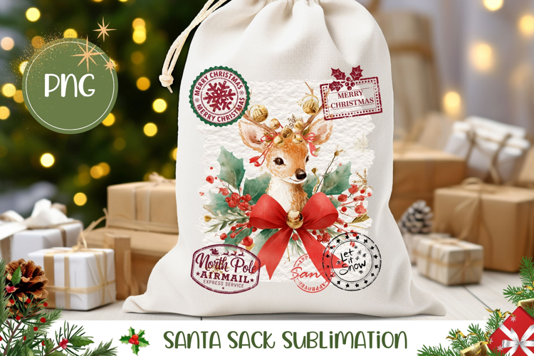 Cartoon Christmas Deer Santa Sack, Winter Gift Bag Template