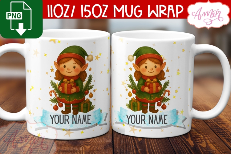 Custom Christmas mug wrap PNG, Christmas elf mug PNG
