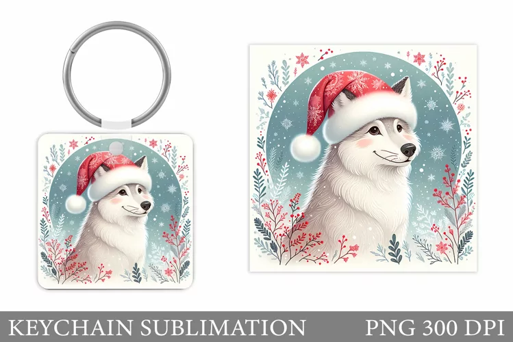 Christmas Wolf Keychain. Christmas Keychain Sublimation