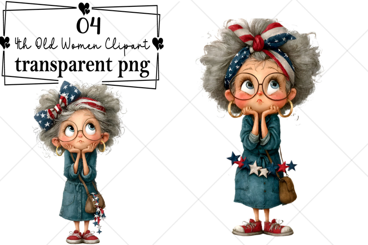 Whimsical July 4th Old Women Clipart Watercolor PNG