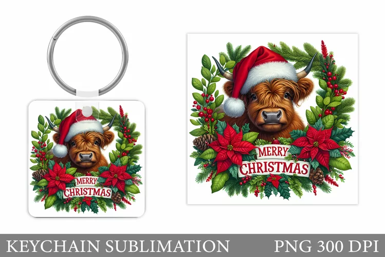 Highland Cow Keychain. Christmas Keychain Sublimation