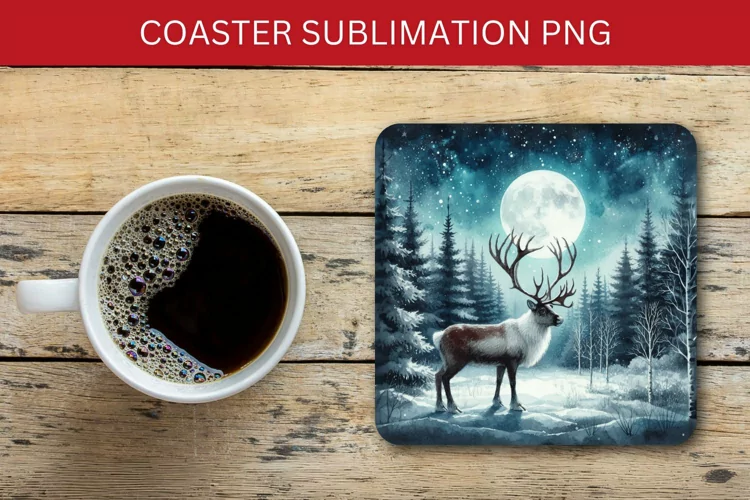 square coaster - night forest with deer