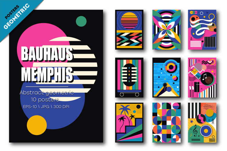 Abstract geometric Bauhaus, Memphis 02. 10 Posters.