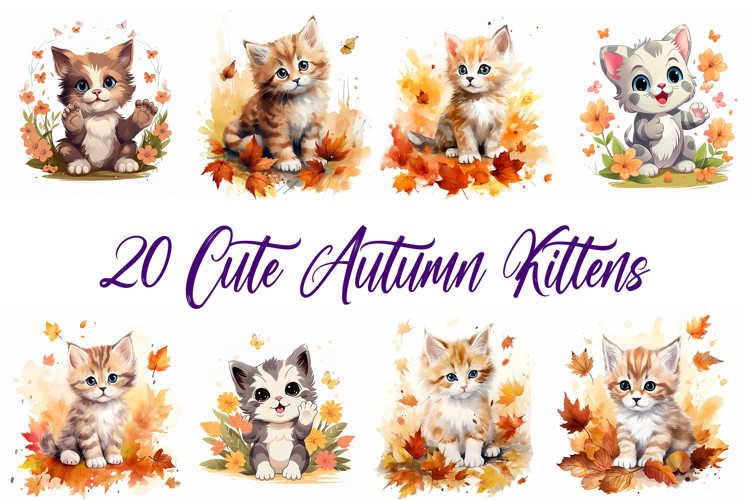 20 Autumn Thanksgiving Kitten Cat Illustrations JPG