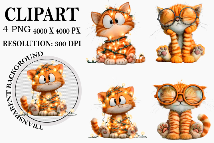 Whimsical Cat Clipart Watercolor PNG