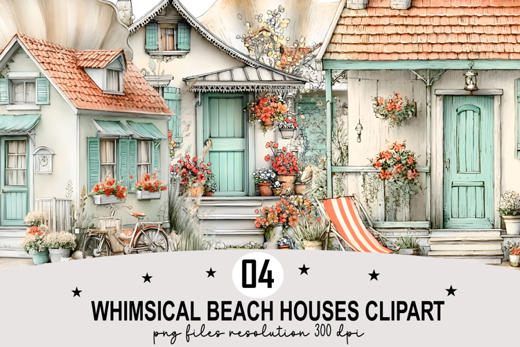 Whimsical Beach Houses Clipart Watercolor Clipart png