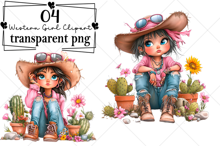 Whimsical Summer Western Girl Clipart Watercolor PNG