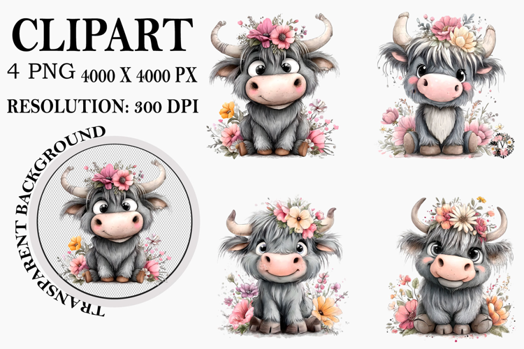 Highland Cow Clipart Watercolor PNG