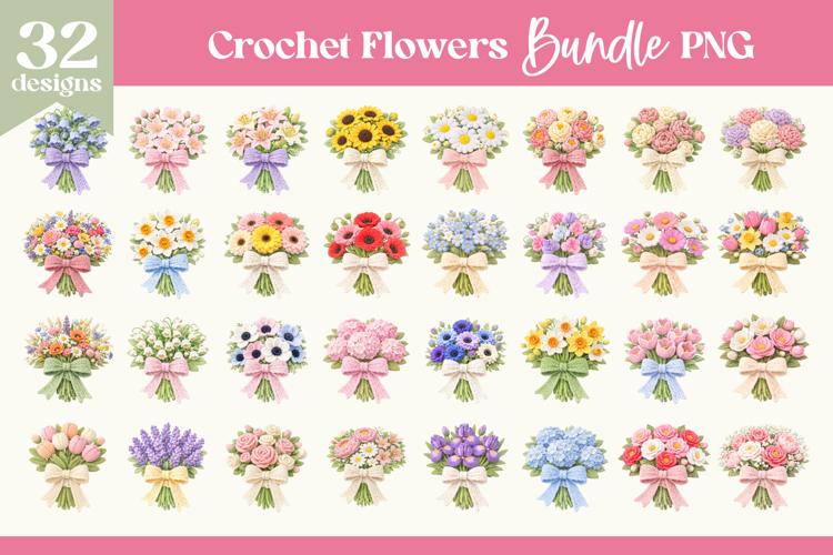 Crochet Flowers Bundle PNG | Floral Bow Sublimation