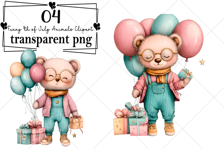 Funny 4th of July Animals Clipart Watercolor PNG