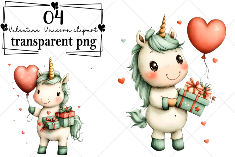 Whimsical Valentine Unicorn Clipart Watercolor PNG
