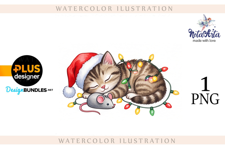 Christmas Kitten in Watercolor Style