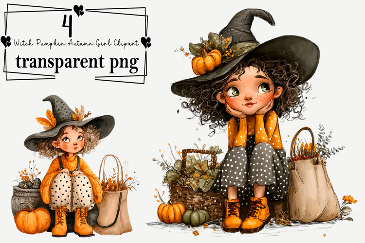 Witch Pumpkin Autumn Girl Clipart Watercolor PNG